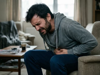 Člověk s prudkou bolestí břicha