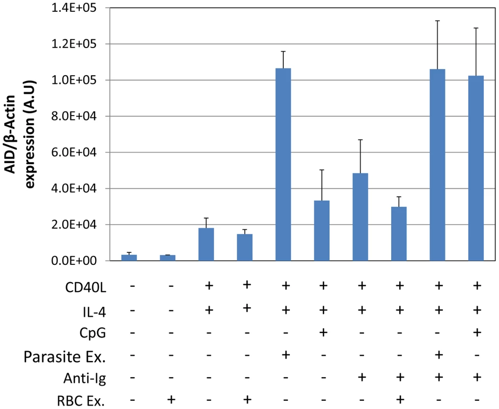 <i>P. falciparum</i> extracts stimulate AID expression at levels equivalent to CpG combined with surface Ig cross-linking.