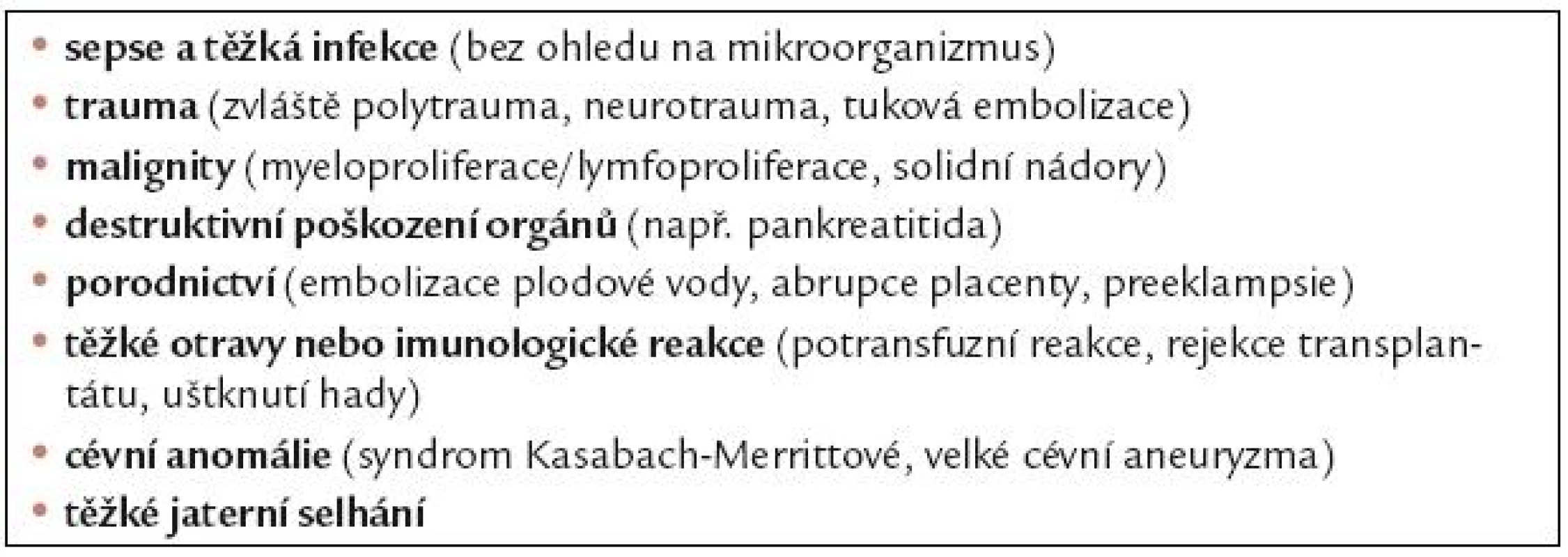 Onemocnění a stavy spouštějící DIC [33,43].