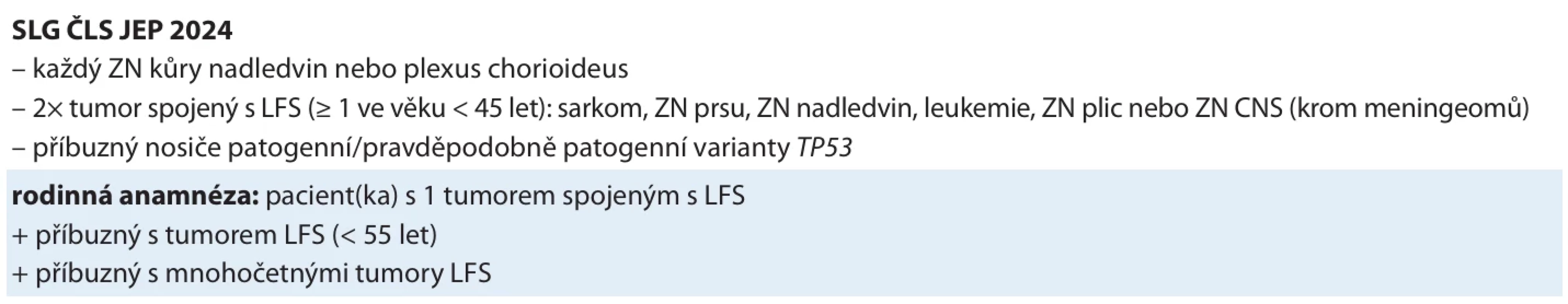 Současně platná indikační kritéria pro testování s podezřením na LFS v ČR, schváleno výborem SLG ČLS JEP 9. 10. 2024.