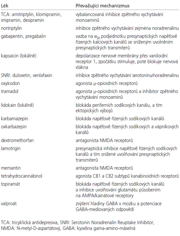 Mechanizmy účinku léků používaných v léčbě neuropatické bolesti.