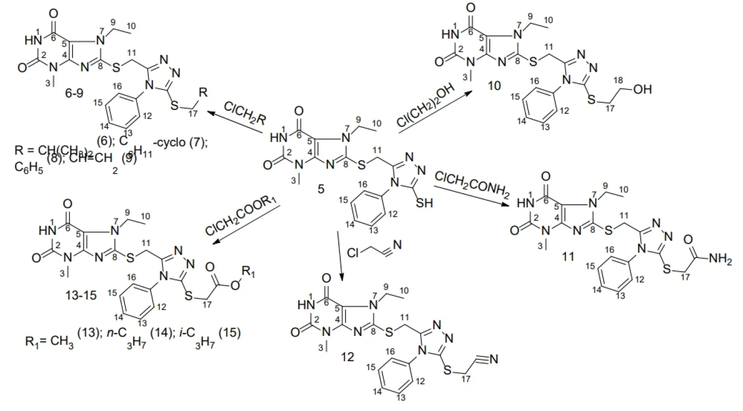 Scheme of synthesis of S-substituted 5-{[(7-ethyl-3-methyl-2,6-dioxo-2,3,6,7-tetrahydro-1H-purin-8-yl)sulfanyl]methyl}-4-phenyl-4H-1,2,4-triazol-3-yl sulfanyl derivatives (6–15)
