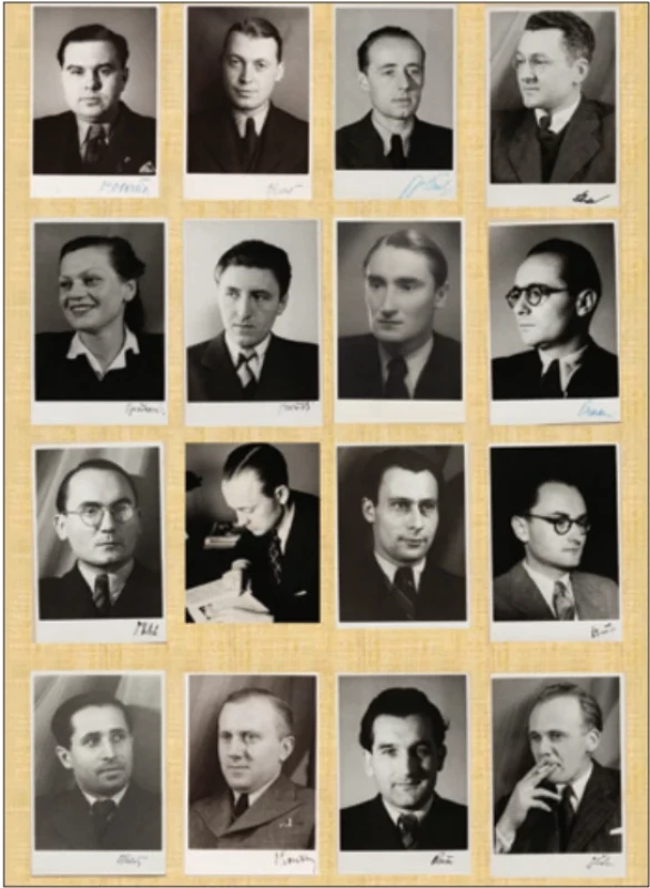 Výběr z alba fotografi í lékařů kliniky (1945). (zdroj: MÚA AV ČR, collection Kamil Henner Jr. Horní řada zleva: V. Piťha, J. Jirout, J. Šimek, K. Obrda Druhá řada zleva: L. Fučíková, Z. Miřatský, O. Starý, Z. Macek Třetí řada zleva: J. Hrbek, M. Šercl, I. Lesný, Z. Servít Spodní řada zleva: F. Pleskot, V. Loučka, E. Ponča, F. Švehla Fig. 2. Selection from an album of photographs of the department’s physicians (1945). (source: MIA CAS, collection Kamil Henner Jr.) Top row, from left: V. Piťha, J. Jirout, J. Šimek, K. Obrda. Second row, from left: L. Fučíková, Z. Miřatský, O. Starý, Z. Macek. Third row, from left: J. Hrbek, M. Šercl, I. Lesný, Z. Servít. Bottom row, from left: F. Pleskot, V. Loučka, E. Ponča, F. Švehla.