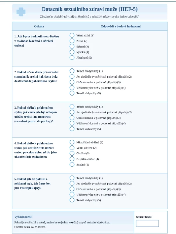 IIEF-5 dotazník. Fig. 2. IIEF-5 questionnaire.