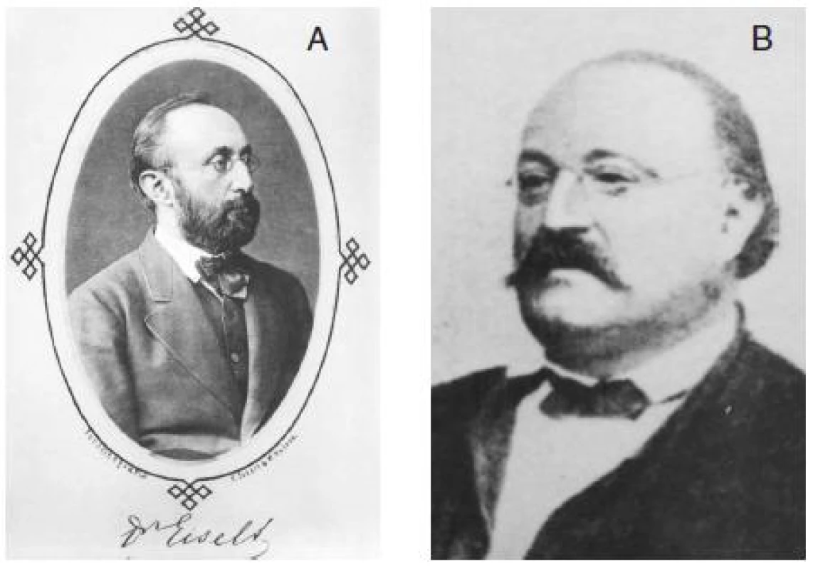 První redaktoři Časopisu lékařů českých Bohumil Eiselt (A) a Josef V. Podlipský (B)