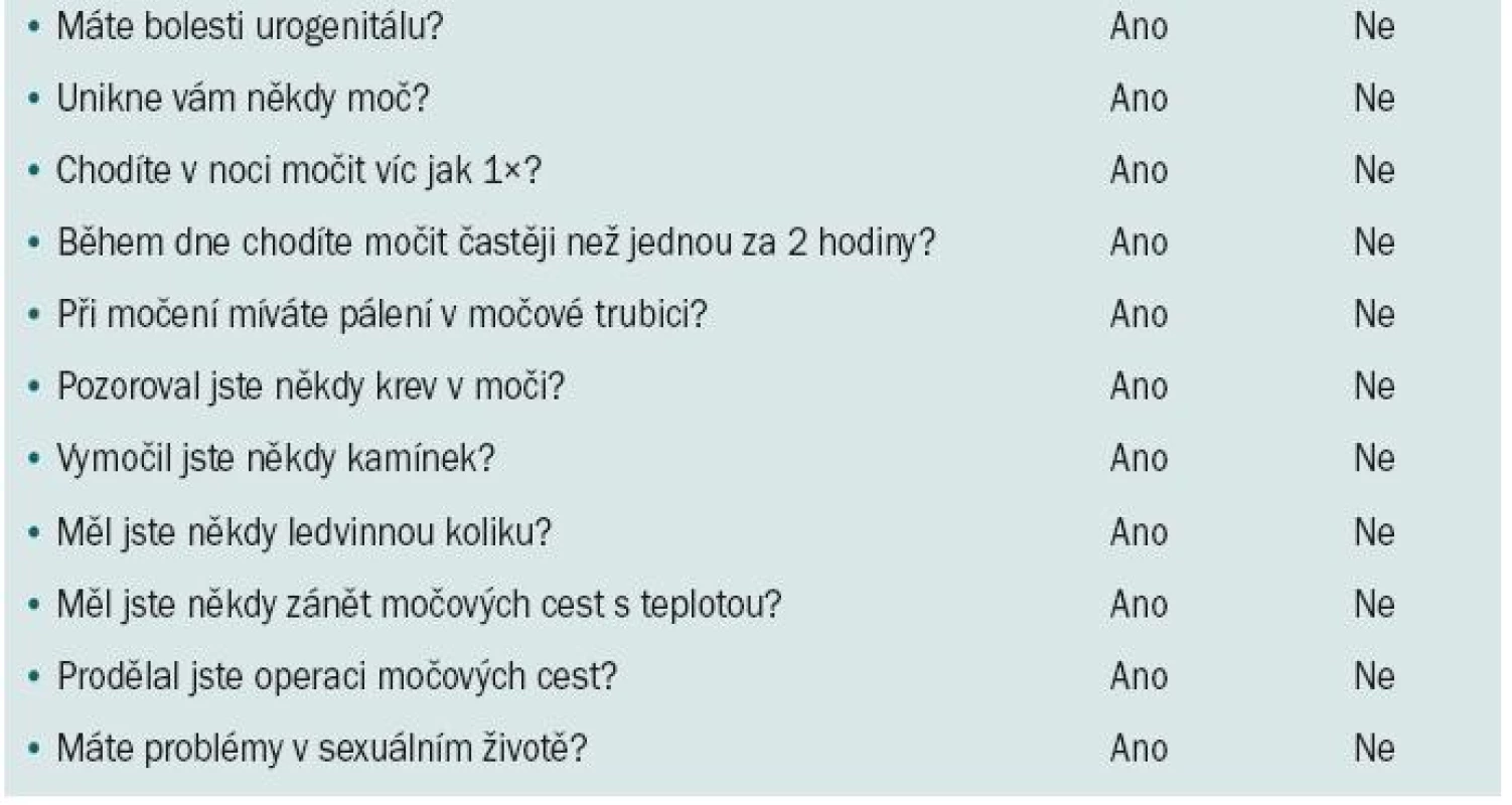 Anamnestické údaje – v případě odpovědi ANO doporučujeme urologické dovyšetření.
