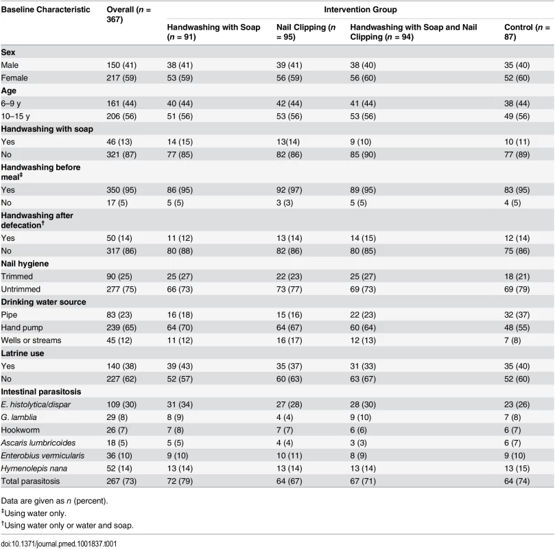 Baseline demographic, hygiene, and intestinal parasitosis characteristics by intervention group (<i>n =</i> 367).