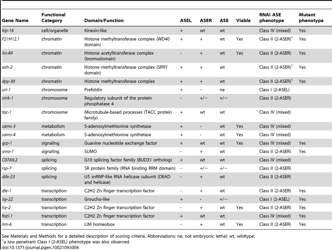 Genes that elicit ASE asymmetry defects when knocked-down by RNAi.