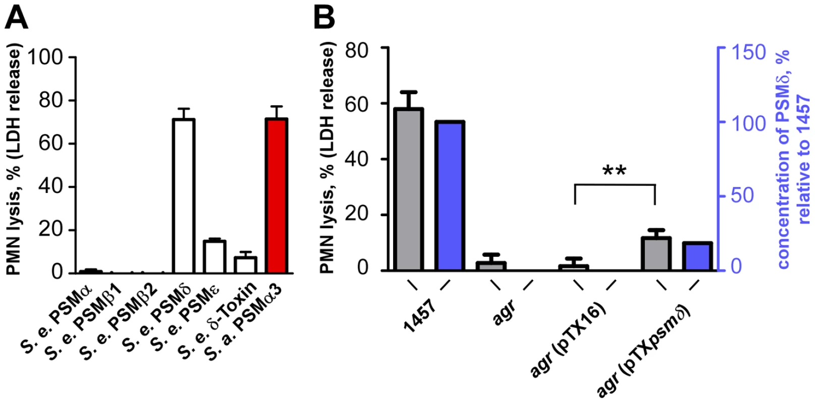 Neutrophil lysis by <i>S. epidermidis</i> PSM peptides and culture filtrates of PSMδ-expression strains.