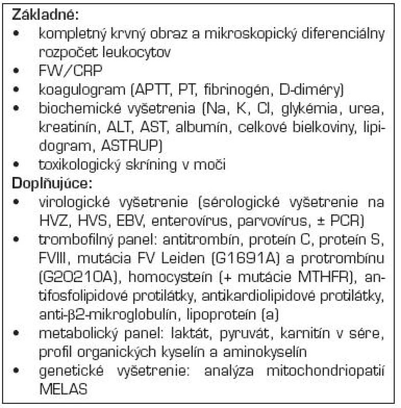 Navrhované diagnostické laboratórne vyšetrenia pri podozrení na artériovú mozgovú príhodu u detí.