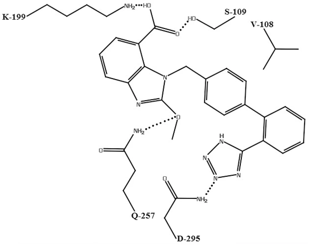 Schéma väzby kandesartanu s aktívnym miestom AT<sub>1</sub> receptora<sup>25)</sup>