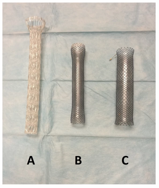 Typy používaných stentů ELLA-CS: A − Boubella-E,
B − Flexella-Plus, C − Danis-Seal<br>
Fig. 1: ELLA-CS stent types: A − Boubella-E; B − Flexella-Plus;
C − Danis-Seal
