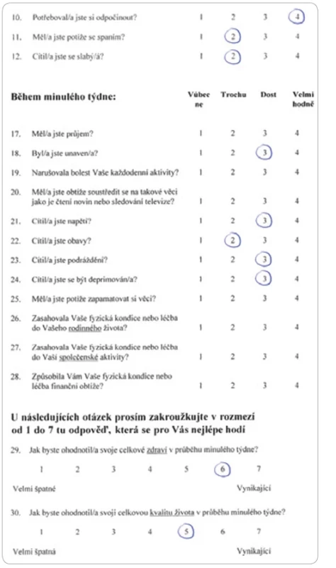 Ukázka hodnocení testu QLQ-C30. 