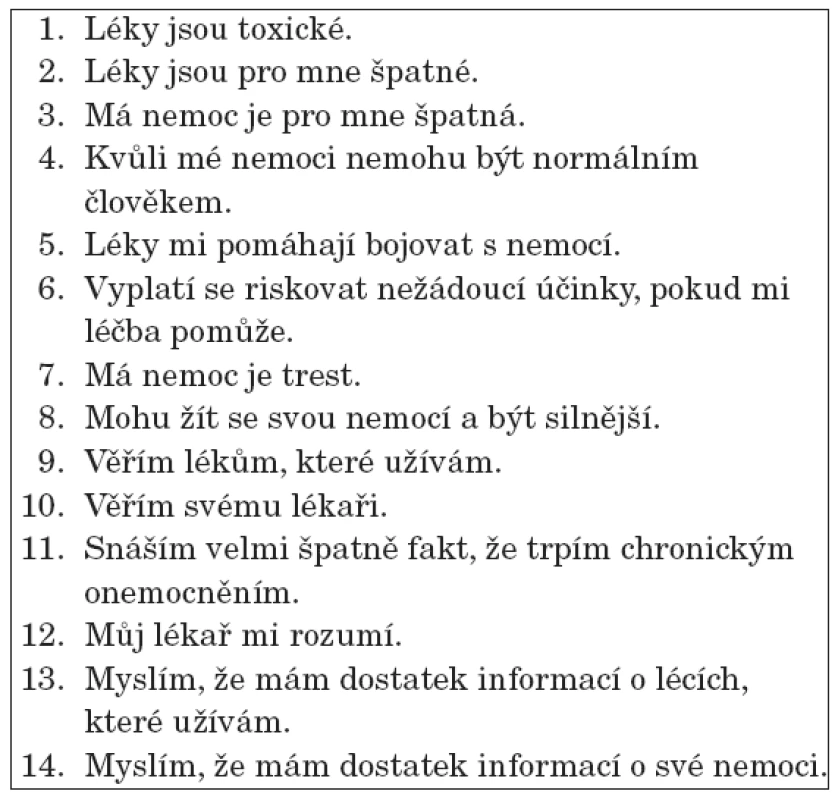 Dotazník identifikující faktory compliance [11]. Pacient hodnotí subjektivní závažnost jednotlivého faktoru pomocí stupnice 0–10.