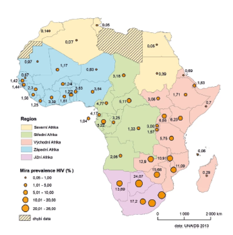 Míra prevalence HIV v dospělé populaci v roce 2011
Figure 2. HIV prevalence rate in the adult population in 2011