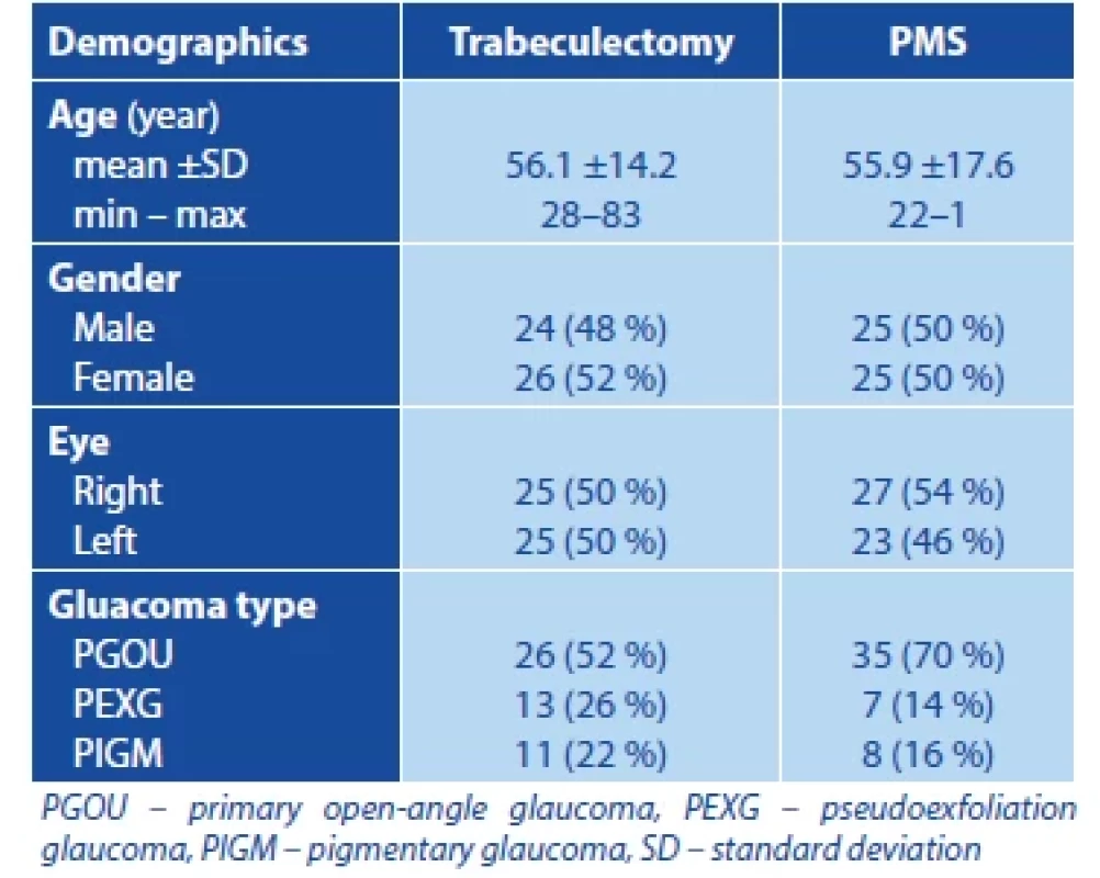 Demographic characteristics, operated eye and glaucoma type in patients according to classification into individual therapeutic groups