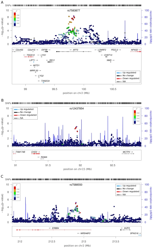 Regional association plots for top ranked SNPs with associated gene expression data.
