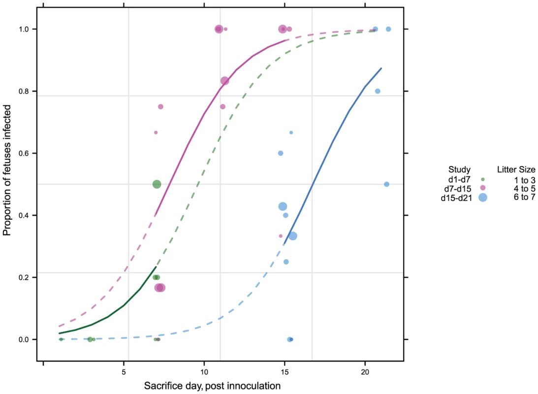 Viral kinetics of fetal infection over 21 days plotted from three separate studies.