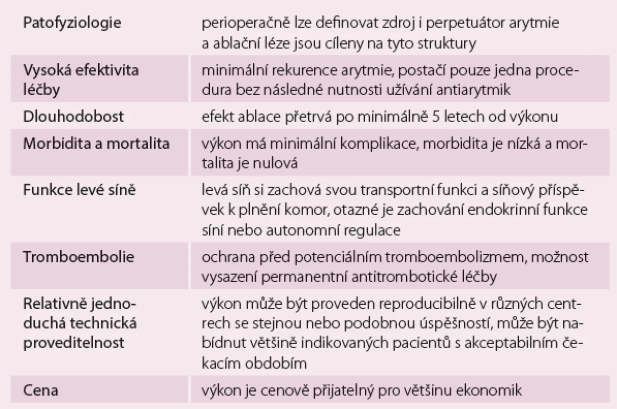 Charakteristika optimální invazivní léčby fibrilace síní (ideální stav).