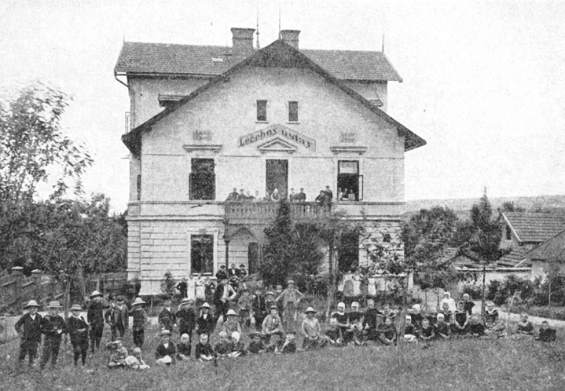 Původní budova Ústavu pro skrofulózní děti založeného MUDr. F. Hamzou roce 1901 v Luži u Litomyšle. Převzato z publikace F. Hamza: Zemský ústav pro skrofulosní děti v Luži. Nákladem Zemského správního výboru v Čechách, nedatováno
