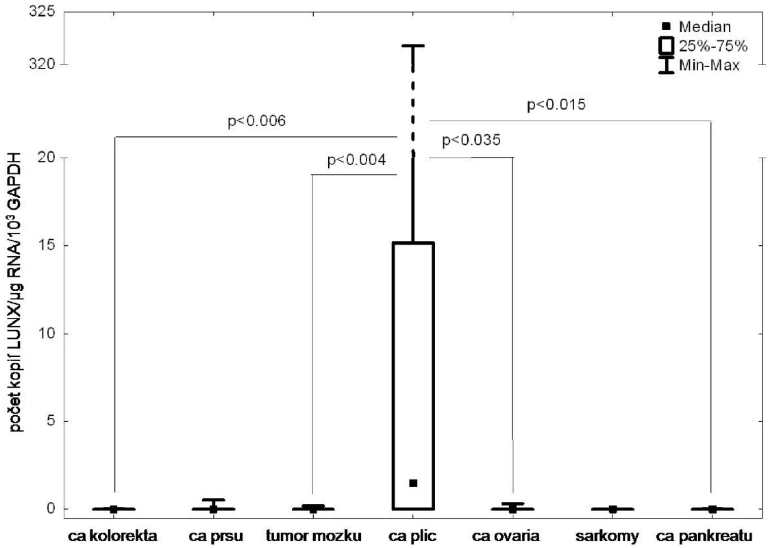 Analýza exprese markeru LUNX v tumorech různého histogenetického původu
Fig. 1: The LUNX expression in tumors of different histogenetic origin