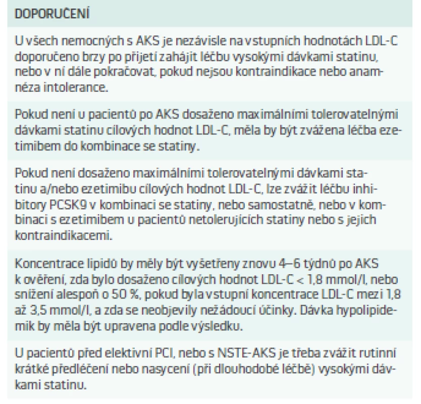 Doporučení pro hypolipidemickou léčbu u pacientů s akutními koronárními syndromy a podstupujícími perkutánní koronární intervence