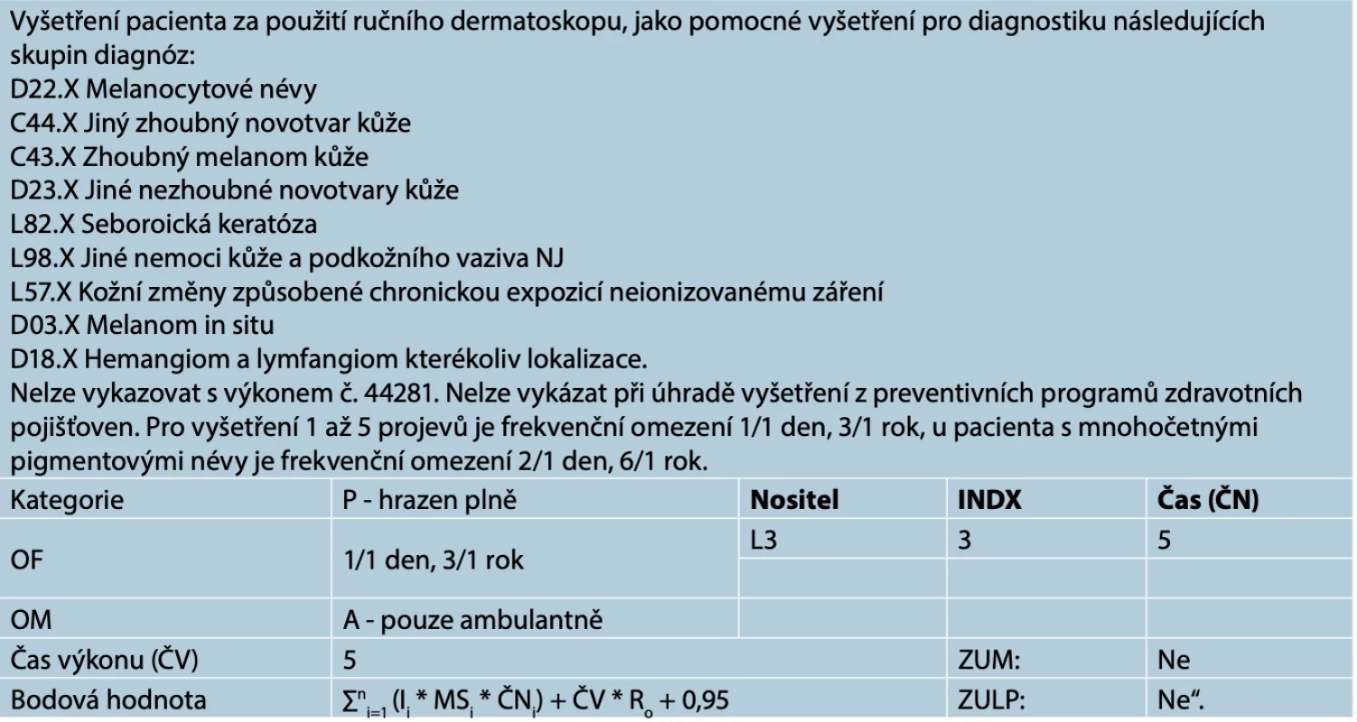 44116 – Vyšetření ručním dermatoskopem – bodová hodnota – 72 bodů
