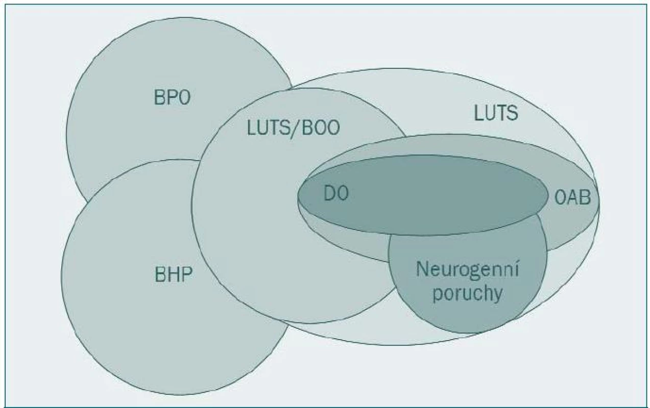 Vztah jednotlivých skupin a podskupin symptomů dolních močových cest u mužů.
BPO - benigní prostatická obstrukce
BHP - benigní hyperplazie prostaty (histologická diagnóza)
DO - hyperaktivita detruzoru
LUTS/BOO - symptomy dolních močových cest způsobené obstrukcí dolních močových cest
OAB - hyperaktivita močového měchýře
LUTS - symptomy dolních močových cest