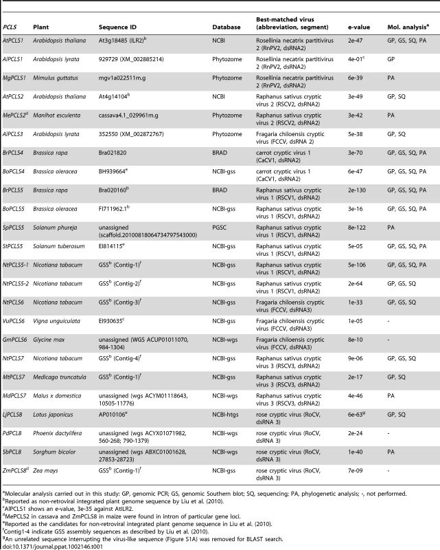 Non-retroviral partitivirus CP-like sequences (<i>PCLSs</i>) identified in plant genome sequence databases.