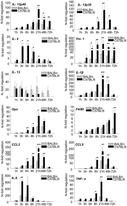 RT-PCR Time course analysis of gene expression in 1h to 72h <i>L. major</i> infected skin.
