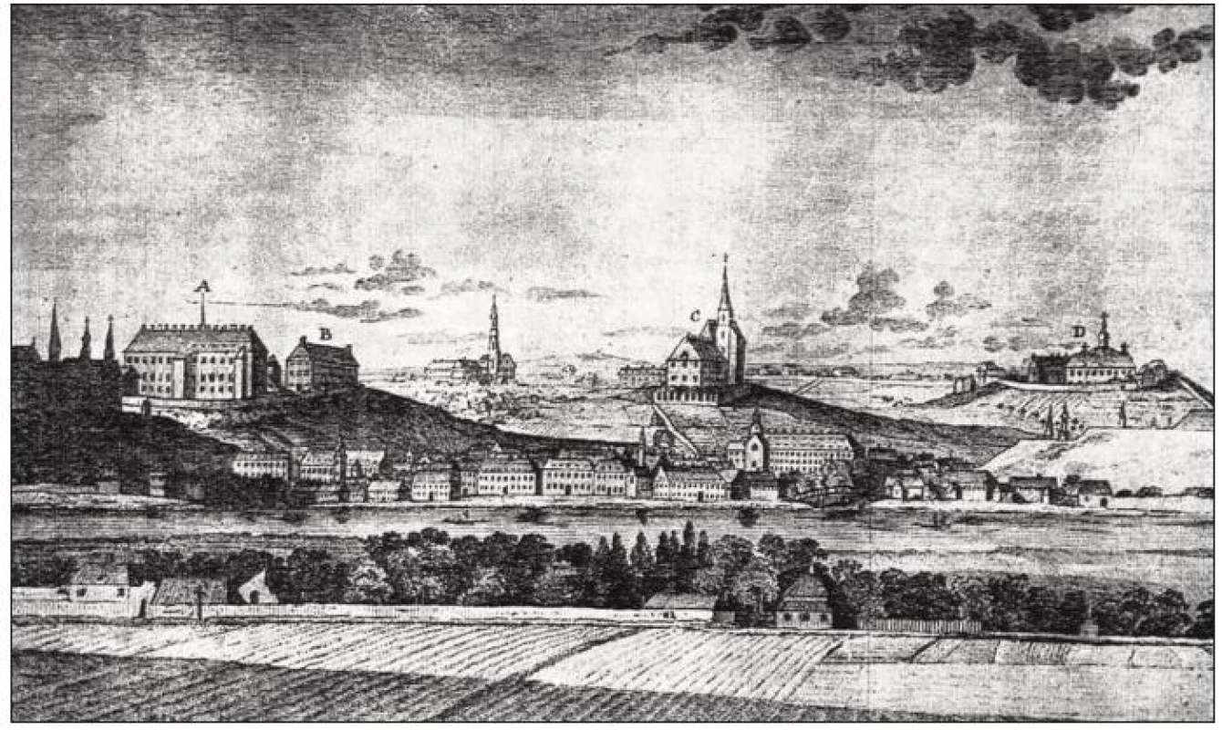 Pražské zdravotnické ústavy při pohledu z levého břehu Vltavy v roce 1793.
A) včeobecné nemocnice,
B) ústav pro choromyslné,
C) porodnice u kostela svatého Apolináře,
D) chorobinec „na Karlově“.
V pozadí mezi nemocnicí a svatým Apolinářem vidíme Kateřinskou věž. Budovy na návrších dominují areálu, kolem nich jsou volné prostory zahrad a vinic