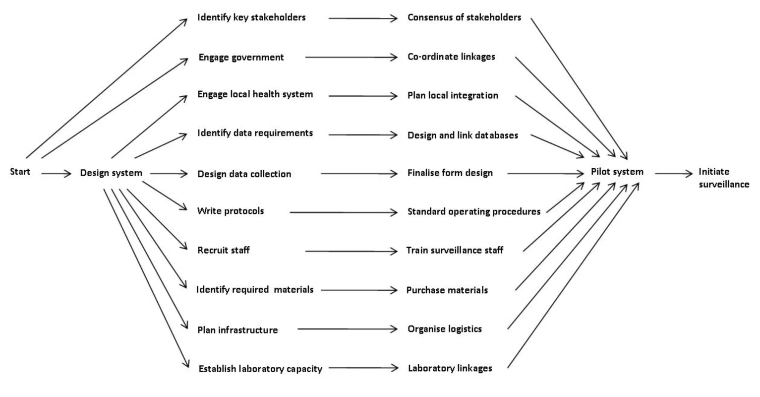Project management for the establishment of the Gambian pneumococcal surveillance system: major dependency relationships.