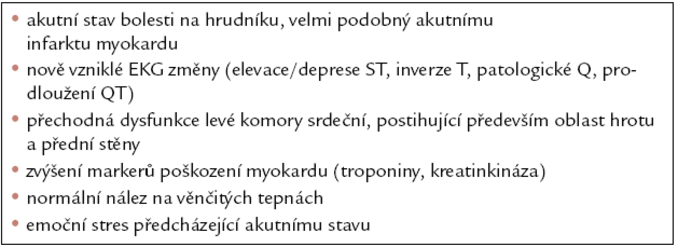 Základní charakteristiky Tako‑tsubo kardiomyopatie.