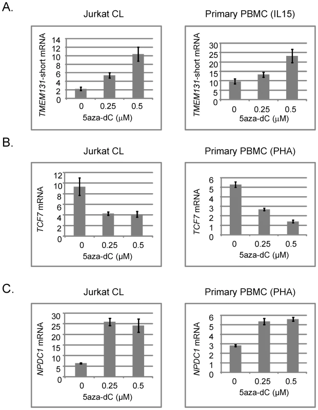 Effects of the demethylating drug 5aza-dC on expression of <i>TMEM131</i> short isoform, <i>TCF7</i>, and <i>NPDC1</i> mRNAs in Jurkat cells and normal human T-cells expanded with mitogens.