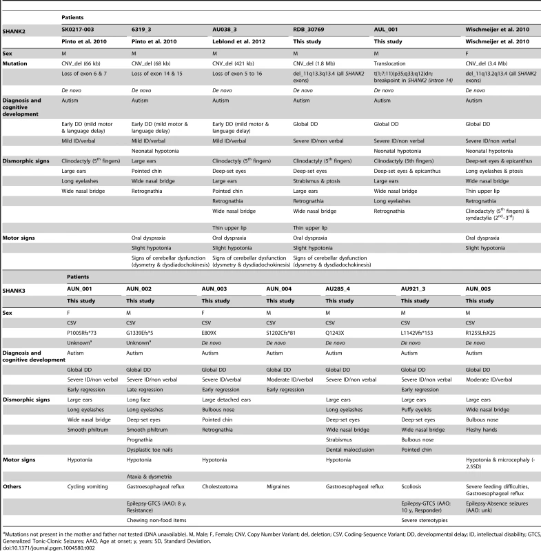 Clinical characteristics of the patients carrying <i>de novo SHANK2</i> and <i>SHANK3</i> mutations.