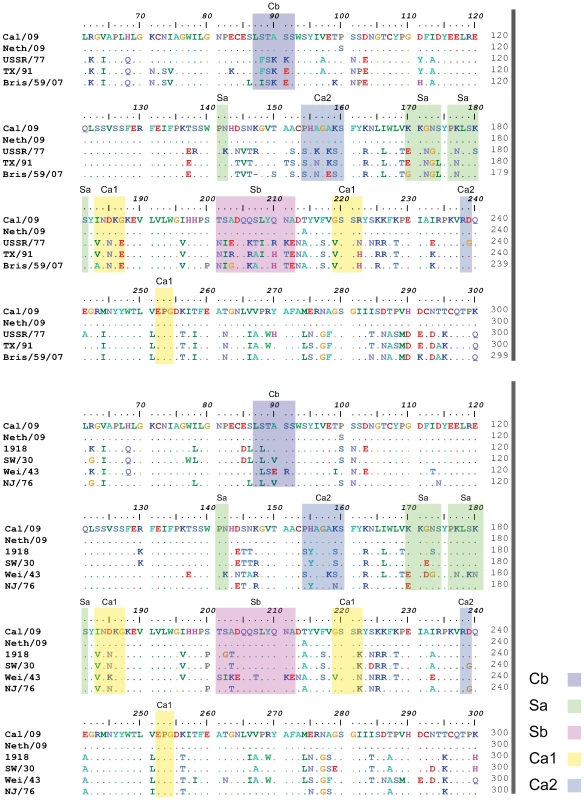 Comparison of the conservation of antigenic sites in HA of H1N1 viruses.