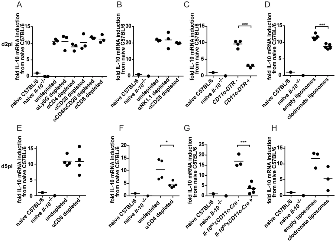 IL-10 mRNA levels on day 2 and 5 post infection after depletion of selective cell populations.