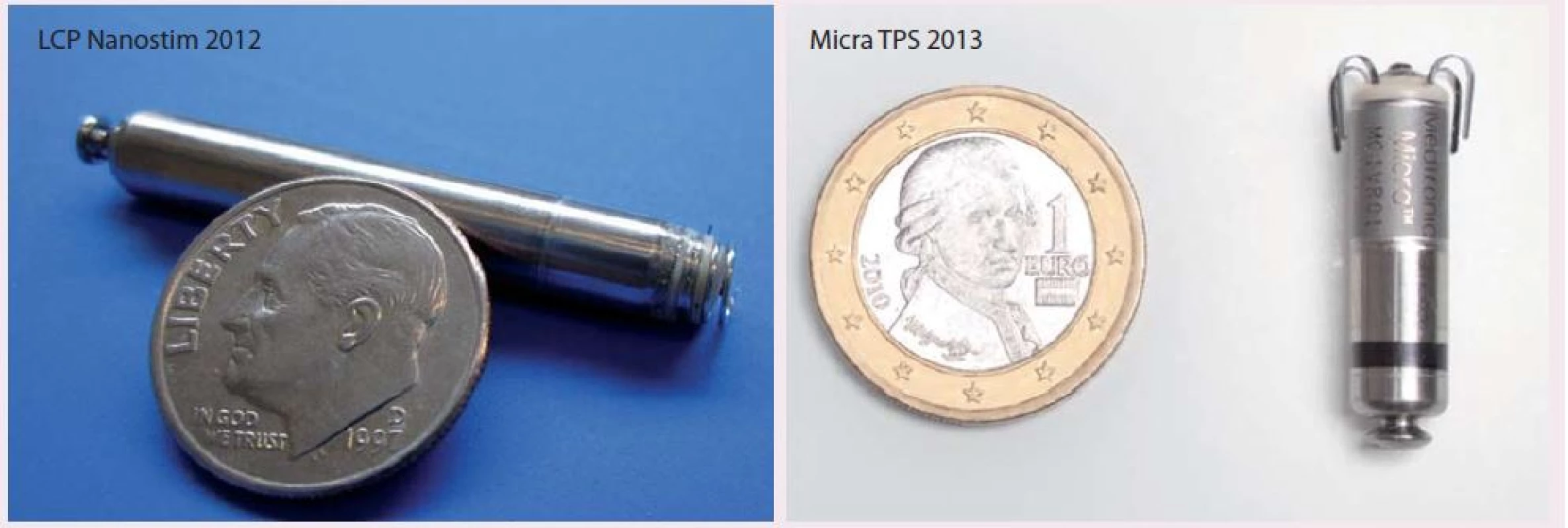 Snímek bezdrátového stimulátoru Nanostim LCP a Micra TPS.