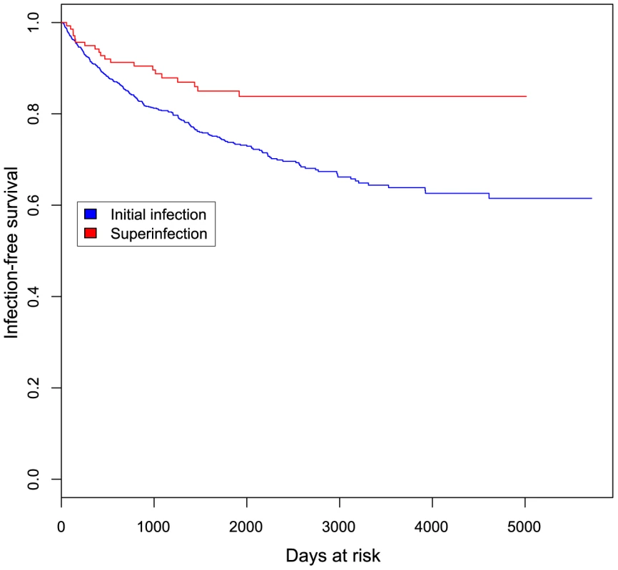 Kaplan-Meier curve showing initial and superinfection events over time at risk.