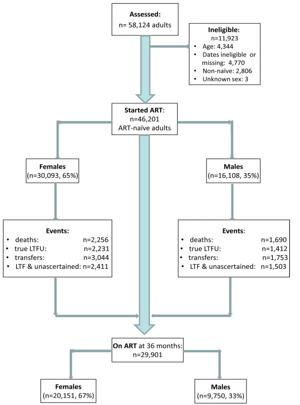 Patient flowchart. Description of a combined cohort of adult patients initiating public sector ART in South Africa, 2002–2009.
