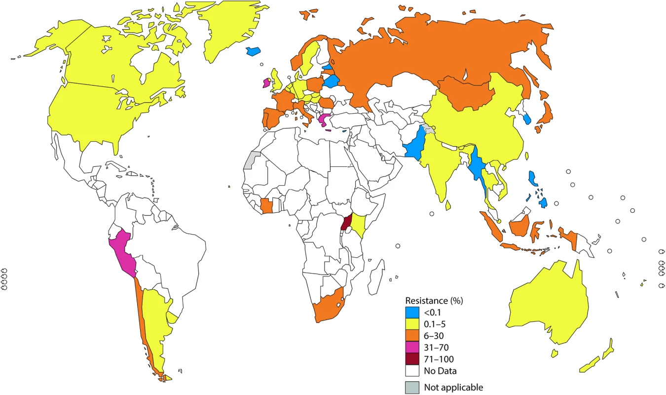 The percentage (%) of isolates with resistance to azithromycin according to the most recent World Health Organization (WHO) Gonococcal Antimicrobial Surveillance Programme (GASP) data (2014 for most countries, but for a few countries, only 2011–2013 data were available).