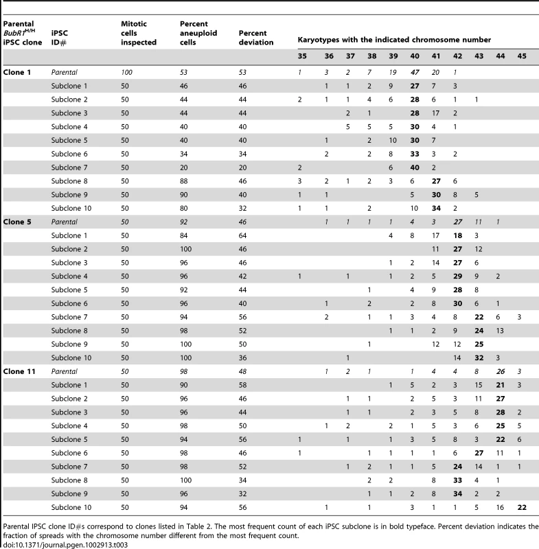 Karyotypes of subcloned BubR1 hypomorphic iPSCs reflect the parental kayotype profile.