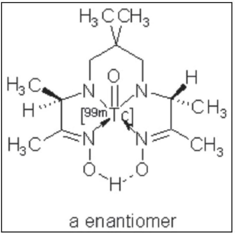 Struktura lipofilního oxo[<sup>99m</sup>Tc]technecium-HMPAO. Název IUPAC:  xo[<sup>99m</sup>Tc]technecium(V)-(3RS,9RS)-4,8-diaza-3,6,6,9-tetramethylundekan-2,10-dion-[(<i>E,E</i>)-dioxim].