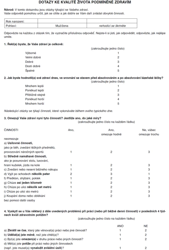 Část dotazníku SF 36, Kvalita života podmíněná zdravím 
Dotazník SF – 36, copyright: Medical Outcomes Trust 1996 Boston, MA U.S.A., Health Services Research Unit, 1996, Oxford, Great
Britain, v české verzi 1/1999, ZSF Jihočeské Univerzity, České Budějovice je použitelný a hodnotitelný v české jazykové oblasti [4].