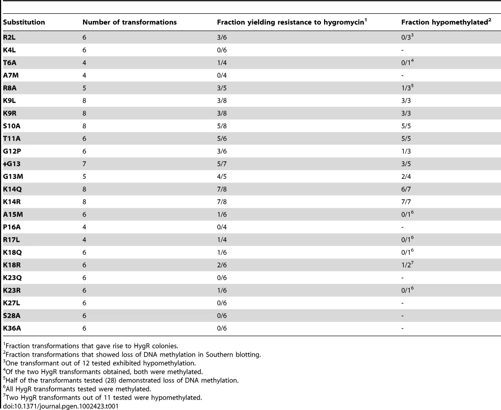 DNA methylation analyses of Hyg<sup>R</sup> colonies obtained in cotransformations of N644 with <i>hH3</i> alleles.