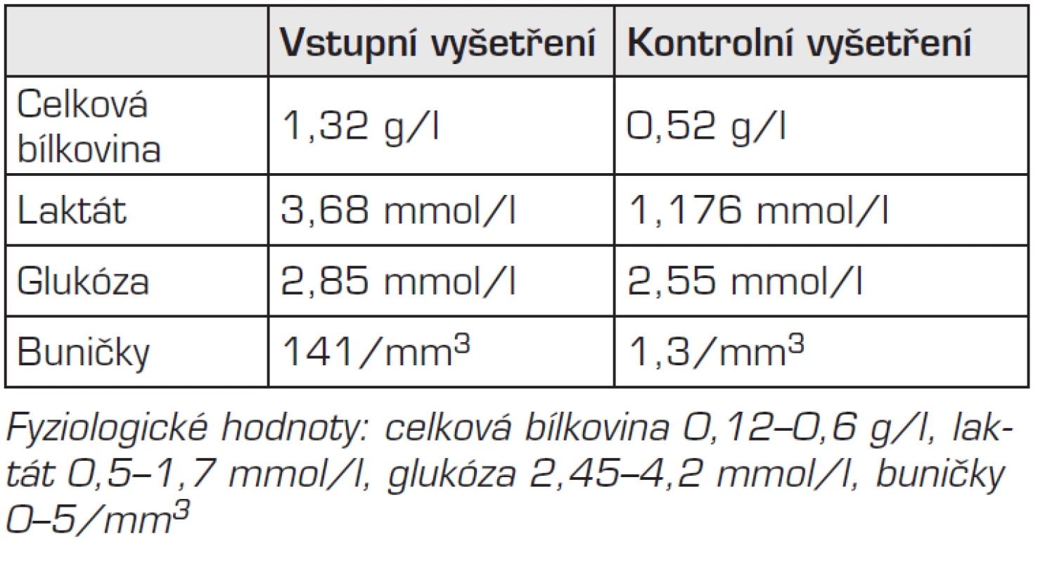Výsledky vyšetření mozkomíšního moku.