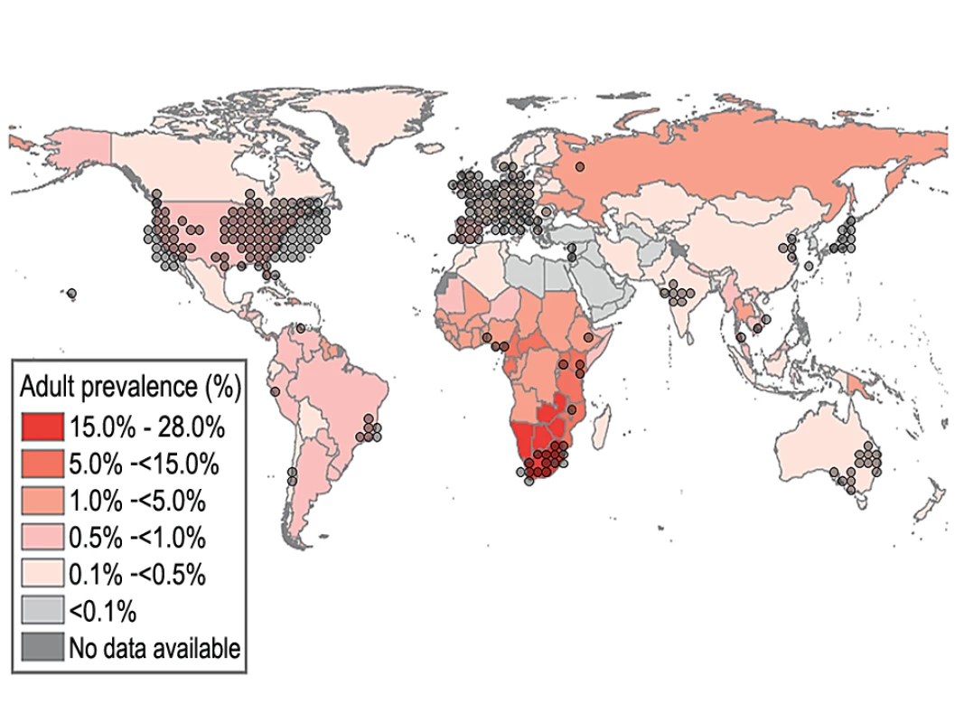 Global HIV prevalence <em class="ref">[36]</em> overlaid with 300 PubMed articles (keyword: HIV) published in 2007 on HIV.