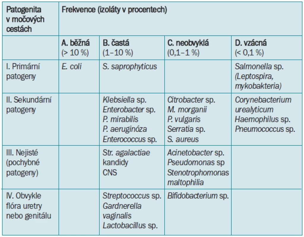 Klasifikace uropatogenů - patogenita a frekvence výskytu mikroorganizmů ve vzorku ze středního proudu moči spontánně vymočené (upraveno dle [18]).
