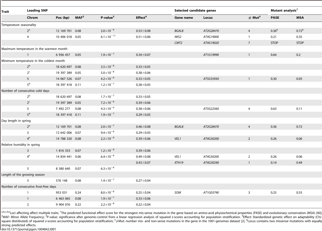 Loci with genome-significant, non-additive effects on climate adaptation and a functional analysis of nearby genes (r<sup>2</sup>>0.8) containing missense or nonsense mutations.