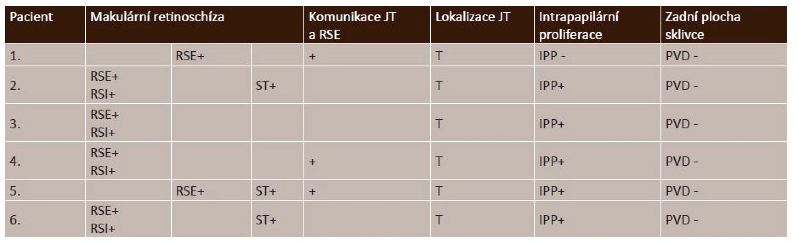 OCT nálezy makulární retinoschízy, jamky terče a vitreoretinální rozhraní při vstupním vyšetření (n = 6 očí)